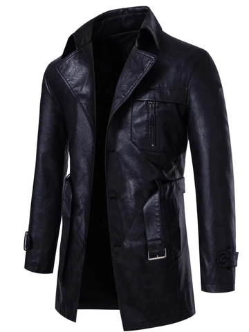 Giacca da Uomo di Media Lunghezza in Pelle PU Trench Vintage con Revers Soprabito da Moto Casual Antivento Autunno Inverno