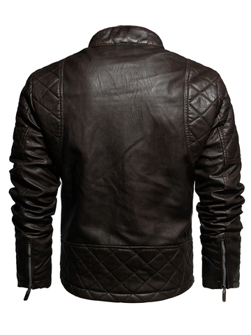Giacca da Moto da Uomo in Pelle PU Retrò Collo Alto Trapuntatura a Rombi Multicerniera Foderata in Pile Cappotto Autunno Inverno