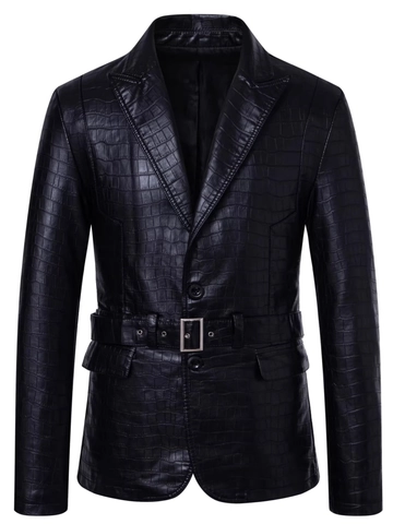 Veste Homme en Simili Cuir Col à Revers Motif Crocodile Embossé Manteau Biker Avec Ceinture Vêtement Business Casual