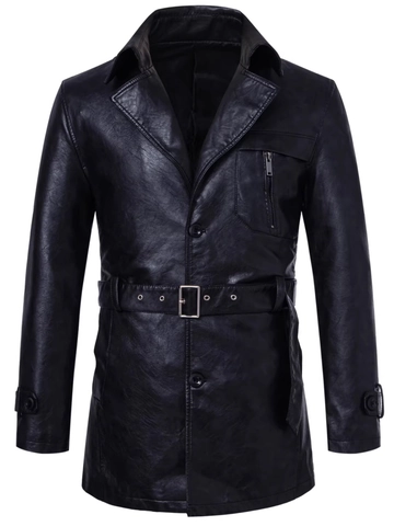 Giacca da Uomo di Media Lunghezza in Pelle PU Trench Vintage con Revers Soprabito da Moto Casual Antivento Autunno Inverno