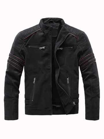 Herren Motorrad PU Lederjacke Stehkragen Vintage Kunstleder Mantel Warm Fleece Gefüttert Winddicht Oberbekleidung Für Winter