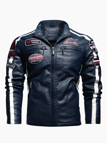 Herren Motorrad PU Lederjacke Vintage Racing Stickerei Patch Fleece Gefüttert Stehkragen Winddicht Lässig Wintermantel