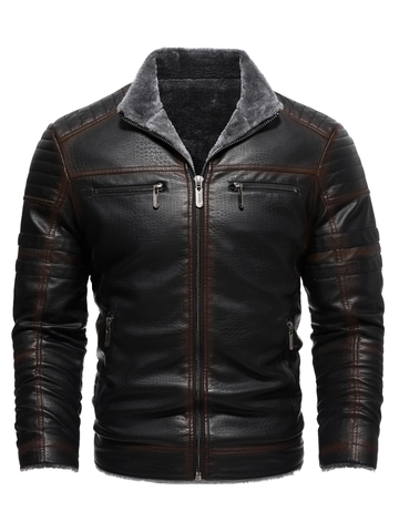 Vintage Herren PU Lederjacke Kunstpelz Fleece Gefüttert Winddicht Warm Stehkragen Motorrad Biker Stil Oberbekleidung Für Herren