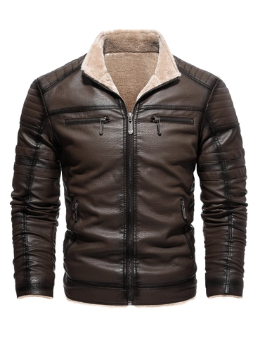 Vintage Herren PU Lederjacke Kunstpelz Fleece Gefüttert Winddicht Warm Stehkragen Motorrad Biker Stil Oberbekleidung Für Herren