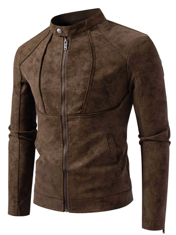 Veste Moto Rétro Homme Col Montant Cuir PU Aspect Daim Coupe Standard Fermeture Éclair Automne Printemps