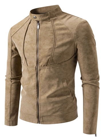 Veste Moto Rétro Homme Col Montant Cuir PU Aspect Daim Coupe Standard Fermeture Éclair Automne Printemps