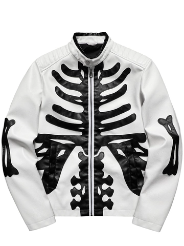 Men Skeleton Bone PU Leather Jacket Punk Rock Halloween Costume Biker Coat Stand Collar Contrast Color Outerwear