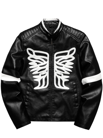 Giacca da Biker da Uomo in Pelle PU Collo alla Coreana Ricamo Ali Ossa Moto Cappotto Slim Fit Streetwear Capispalla
