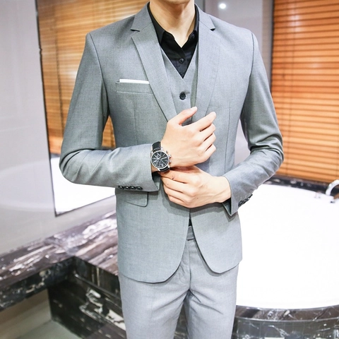 Men Slim Fit Business Formal Polyester Suit Jacket Vest And Pants Solid Color Single Breasted Notched Lapel Wedding Suit