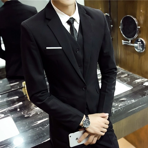 Men Slim Fit Business Formal Polyester Suit Jacket Vest And Pants Solid Color Single Breasted Notched Lapel Wedding Suit
