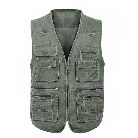 Men Outdoor Multi Pocket Cotton Vest Tactical Utility Fishing Photography Waistcoat Plus Size Casual Zip Up Jacket