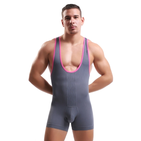 Body para Hombre Poliéster Ribete en Contraste Textura Ondulada Estilo de Lucha Atlética Bolsa U-Convexa Ropa Interior Ajustada