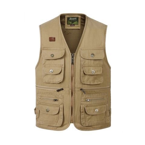 Men Outdoor Utility Vest Cotton Canvas Multi Pocket Functional Fishing Photography Waistcoat Casual V Neck Sleeveless Work Jacket