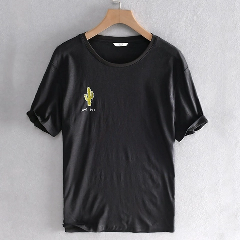 Herren Casual Baumwolle Leinen T-Shirt Kurzarm Rundhals Lockeres Oberteil Mit Kaktus Stickerei Und Schriftzug Für Sommer