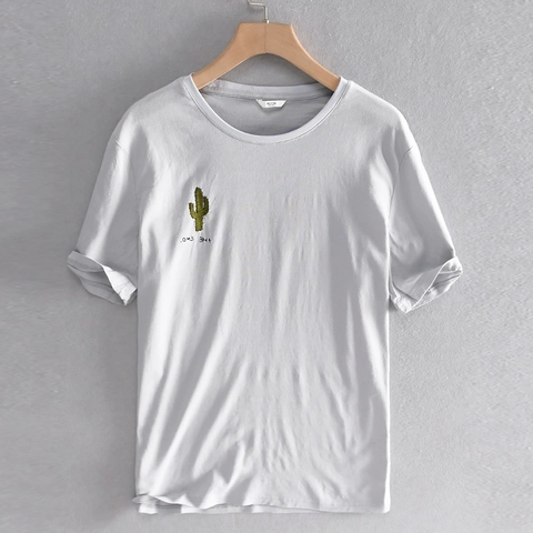 Herren Casual Baumwolle Leinen T-Shirt Kurzarm Rundhals Lockeres Oberteil Mit Kaktus Stickerei Und Schriftzug Für Sommer