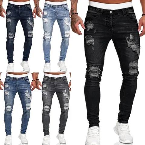 Herren Streetwear Zerrissene Skinny Jeans Zerfetzte Denim Hose Slim Fit Trousers Für Casual Daily Wear Baumwollmischung