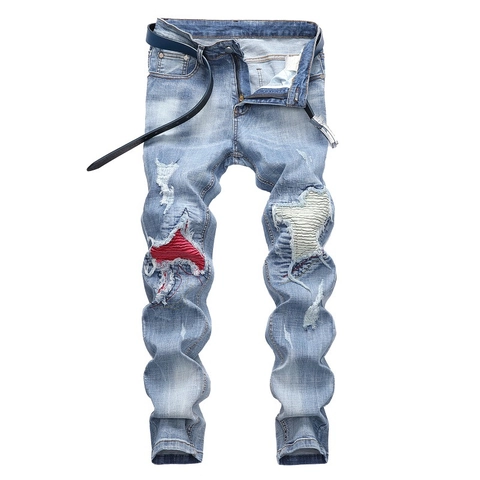 Ανδρικά Western Distressed Denim Jeans Ελαφρύ Μπλε Streetwear Παντελόνι Σε Ίσια Γραμμή Με Patchwork Λεπτομέρειες Και Ζώνη