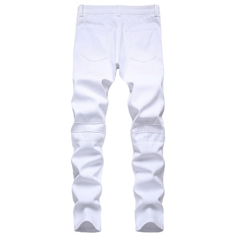 Jeans Biker da Uomo Misto Cotone Pieghe a Fisarmonica Ginocchio Cuciture a Costine Slim Fit Pantaloni Denim Moto Casual