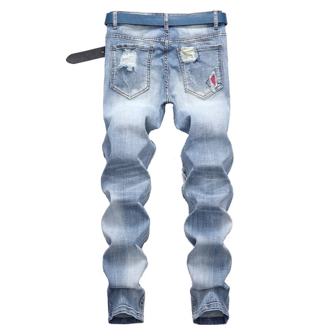 Ανδρικά Western Distressed Denim Jeans Ελαφρύ Μπλε Streetwear Παντελόνι Σε Ίσια Γραμμή Με Patchwork Λεπτομέρειες Και Ζώνη