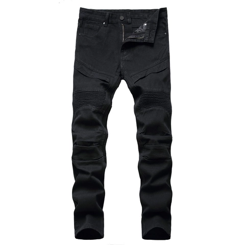 Jeans Biker da Uomo Misto Cotone Pieghe a Fisarmonica Ginocchio Cuciture a Costine Slim Fit Pantaloni Denim Moto Casual