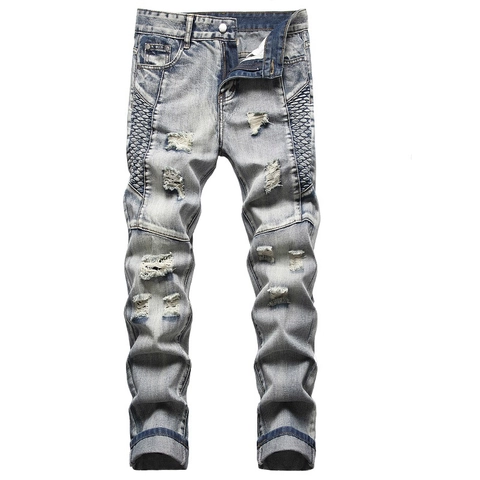 Herren Zerrissene Distressed Denim Jeans Vintage Wash Streetwear Gerades Bein Baumwollmischung Mittlere Taille Denim Hose