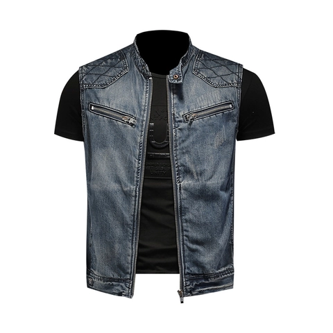Men Casual Denim Vest Washed Cotton Gilet Stand Collar Multi Pocket Waistcoat Retro Quilted Shoulder Sleeveless Jacket Top
