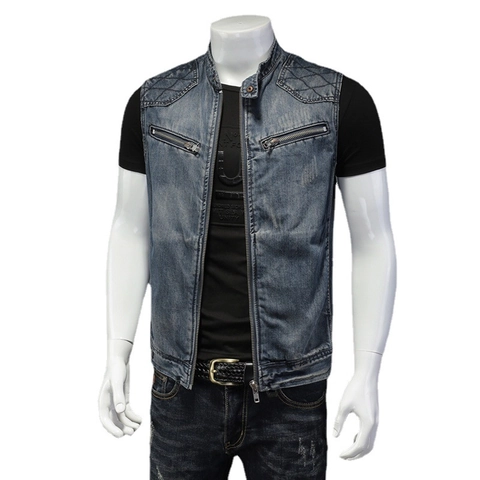 Men Casual Denim Vest Washed Cotton Gilet Stand Collar Multi Pocket Waistcoat Retro Quilted Shoulder Sleeveless Jacket Top