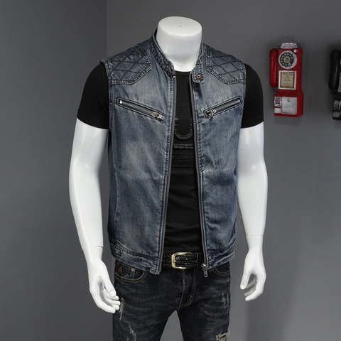 Chaleco de Denim Retro para Hombre Cuello Alto Cremallera Hombro Acolchado Azul Lavado Chaqueta sin Mangas Casual Motero