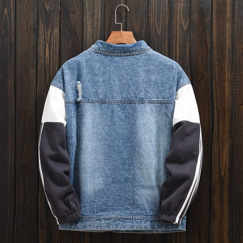 Μόδα Ανδρικό Denim Μπουφάν Patchwork Ριγέ Πλεκτά Μανίκια Ταλαιπωρημένο Πλυμένο Casual Streetwear Τζιν Μπουφάν