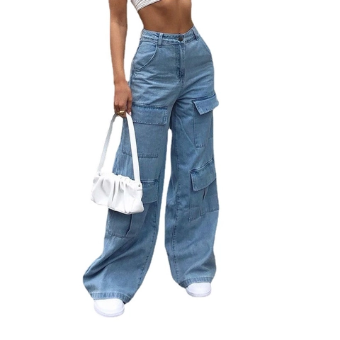 Jean Cargo Femme Taille Haute Jambe Large Ample Pantalon Denim Avec Plusieurs Poches Lavé Streetwear Décontracté En Coton Pour Dames