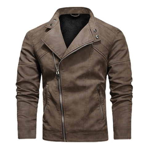 Men's Vintage PU Leather Motorcycle Jacket With Asymmetric Zipper Fleece Lined Winter Biker Cargo Jacket For Men Outerwear