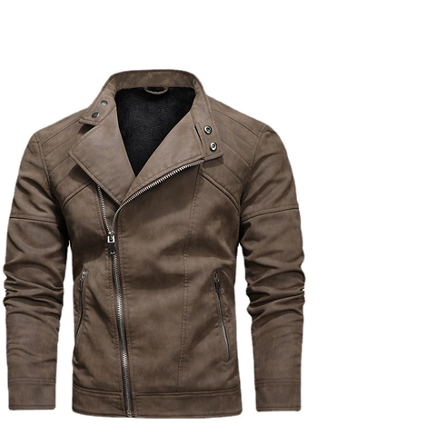 Men's Vintage PU Leather Motorcycle Jacket With Asymmetric Zipper Fleece Lined Winter Biker Cargo Jacket For Men Outerwear