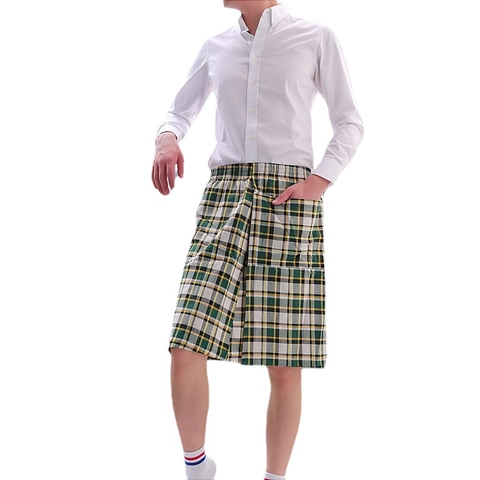 Shorts de Descanso para Hombre Estilo Kilt Escocés a Cuadros Cintura Elástica Mezcla de Algodón Transpirable Pantalones de Pijama