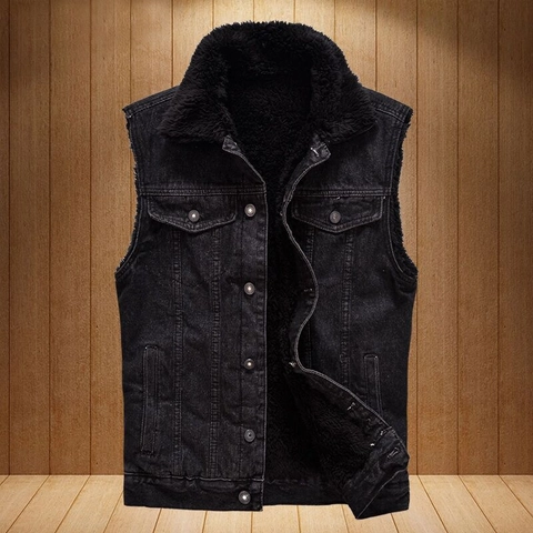 Men Casual Sherpa Lined Denim Vest Black Slim Fit Winter Warm Workwear Sleeveless Denim Jacket With Fleece Lining Outwear
