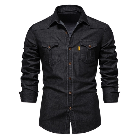 Herren Casual Denim Hemd Baumwolle Doppel Taschen Umlegekragen Slim Fit Langarm Workwear Jeans Tops Für Männer