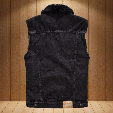 Men Casual Sherpa Lined Denim Vest Black Slim Fit Winter Warm Workwear Sleeveless Denim Jacket With Fleece Lining Outwear