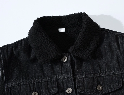 Men's Black Denim Sherpa Vest Fleece Lined Cotton Denim Sleeveless Jacket Winter Warm Workwear Waistcoat