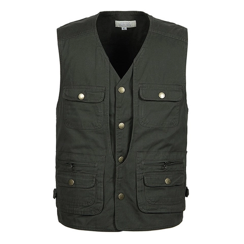 Gilet Cargo Utilitaire pour Hommes en Coton Multi Poches Veste Sans Manches Extérieur Pêche Photographie Gilet Coupe Large