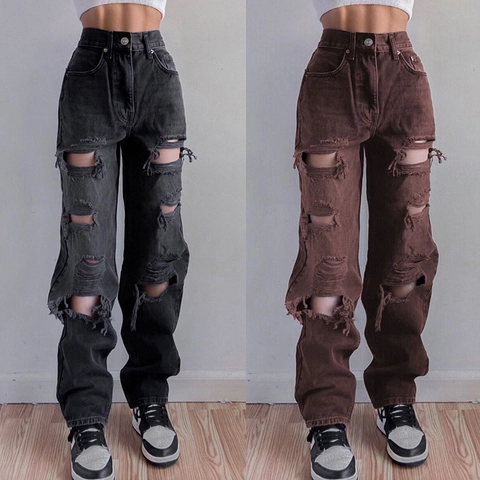 Jeans Déchirés pour Femmes Taille Haute Jambe Large Pantalon en Denim Usé Streetwear Vintage Lavé Décontracté Mode