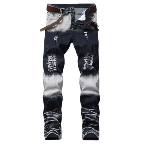 Men's Distressed Jeans Cotton Blend Gradient Wash Straight Fit Streetwear Denim Pants With Leg Zipper Casual Fashion Bottoms