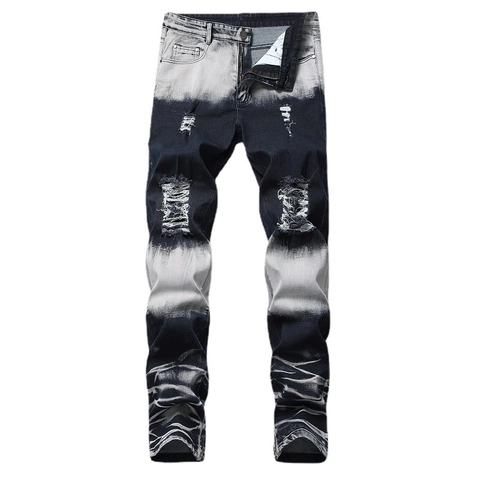Men's Distressed Jeans Cotton Blend Gradient Wash Straight Fit Streetwear Denim Pants With Leg Zipper Casual Fashion Bottoms