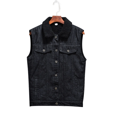 Men's Black Denim Sherpa Vest Fleece Lined Cotton Denim Sleeveless Jacket Winter Warm Workwear Waistcoat