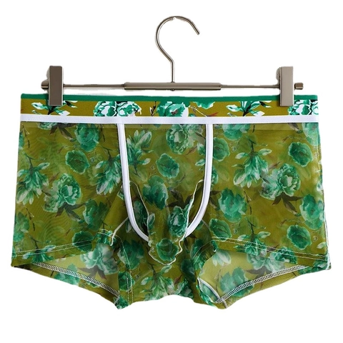Men Sexy Mesh Boxer Briefs Breathable Floral Printed Nylon Knitted Elephant Trunk Pouch Underwear For Summer Comfortable