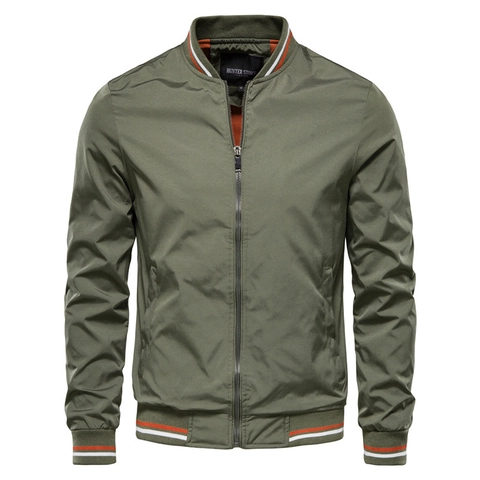 Men Casual Bomber Jacket Polyester Lightweight Stand Collar Ribbed Trim Stripes Full Zip Windproof Coat Outwear For Spring Autumn