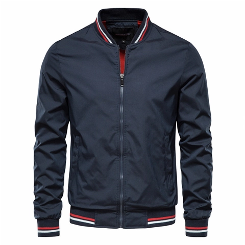 Men Casual Bomber Jacket Polyester Lightweight Stand Collar Ribbed Trim Stripes Full Zip Windproof Coat Outwear For Spring Autumn