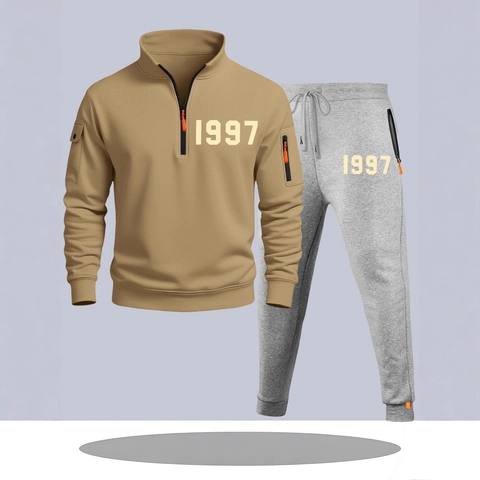 Ανδρικό Casual Sport Σετ Vintage 1997 Αριθμητικό Τύπωμα Μισό Φερμουάρ Όρθιος Γιακάς Φούτερ Και Παντελόνι Φόρμας Σετ Αθλητικά Ενδύματα
