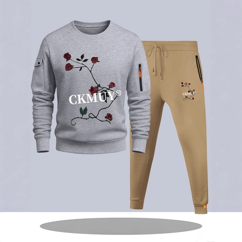 Men's Casual Rose Floral Print Pullover Sweatshirt And Joggers Long Sleeve Round Neck Sports Suit Tracksuit Outfits