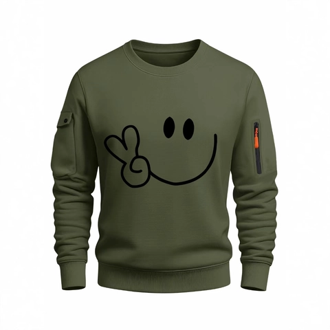 Herren Casual Rundhals Sweatshirt Utility Ärmeltasche Smiley Print Pullover Frühling Herbst Langarm Taktische Tops