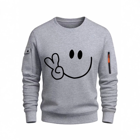 Herren Casual Rundhals Sweatshirt Utility Ärmeltasche Smiley Print Pullover Frühling Herbst Langarm Taktische Tops