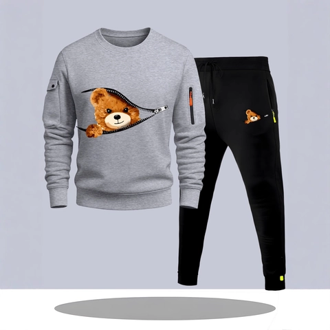 Tuta da Uomo alla Moda Casual in Misto Poliestere Felpa E Pantaloni Jogger Con Grafica Creativa a Orsetto Sportswear da Uomo Quotidiano